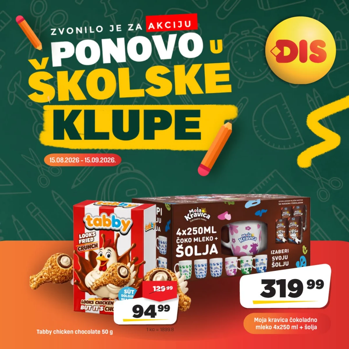 DIS školska akcija – Tabby Chicken čokoladica i Moja Kravica čokoladno mleko sa šoljom