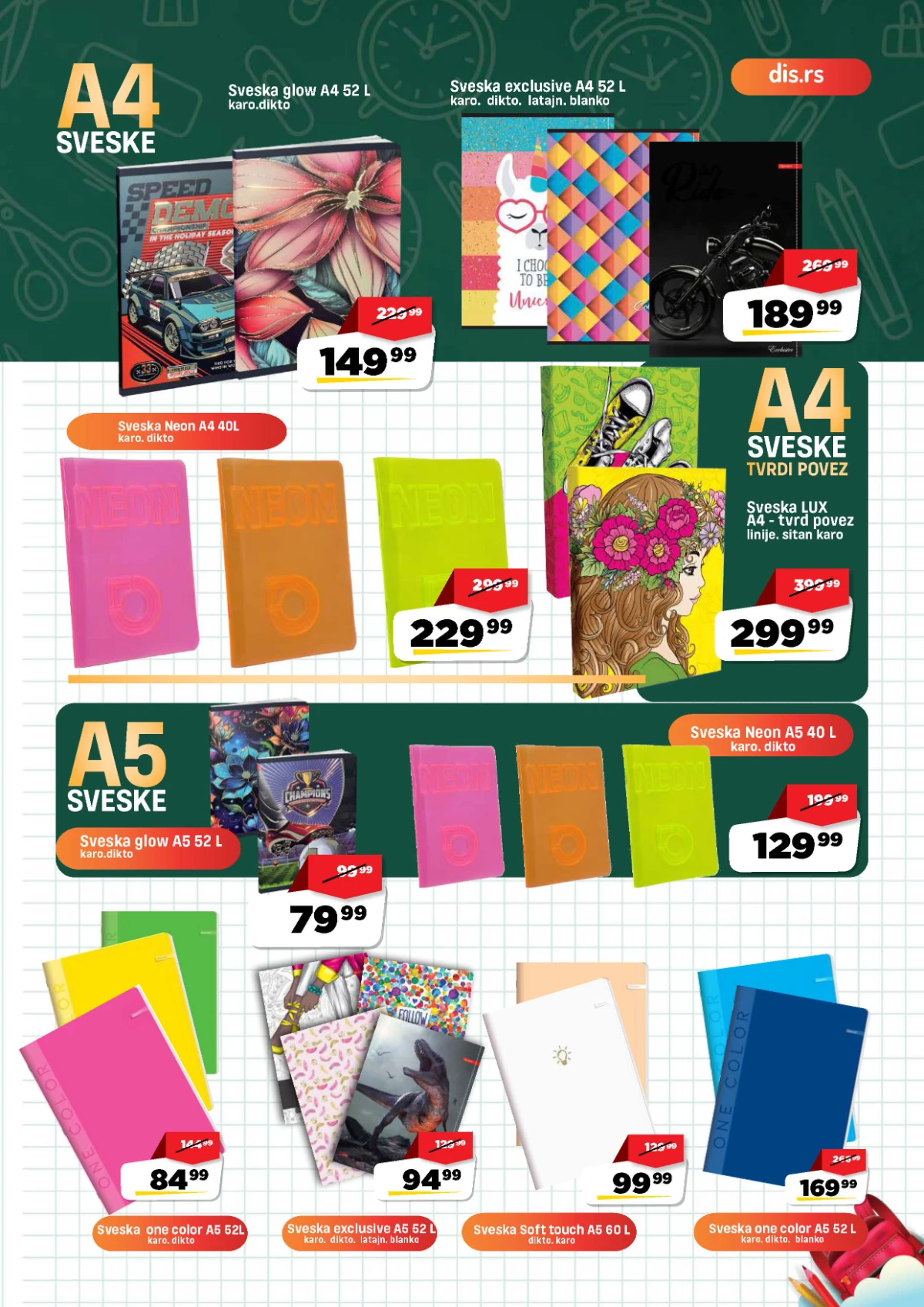 DIS školski katalog – A4 i A5 sveske Glow, Exclusive, Neon i Soft Touch