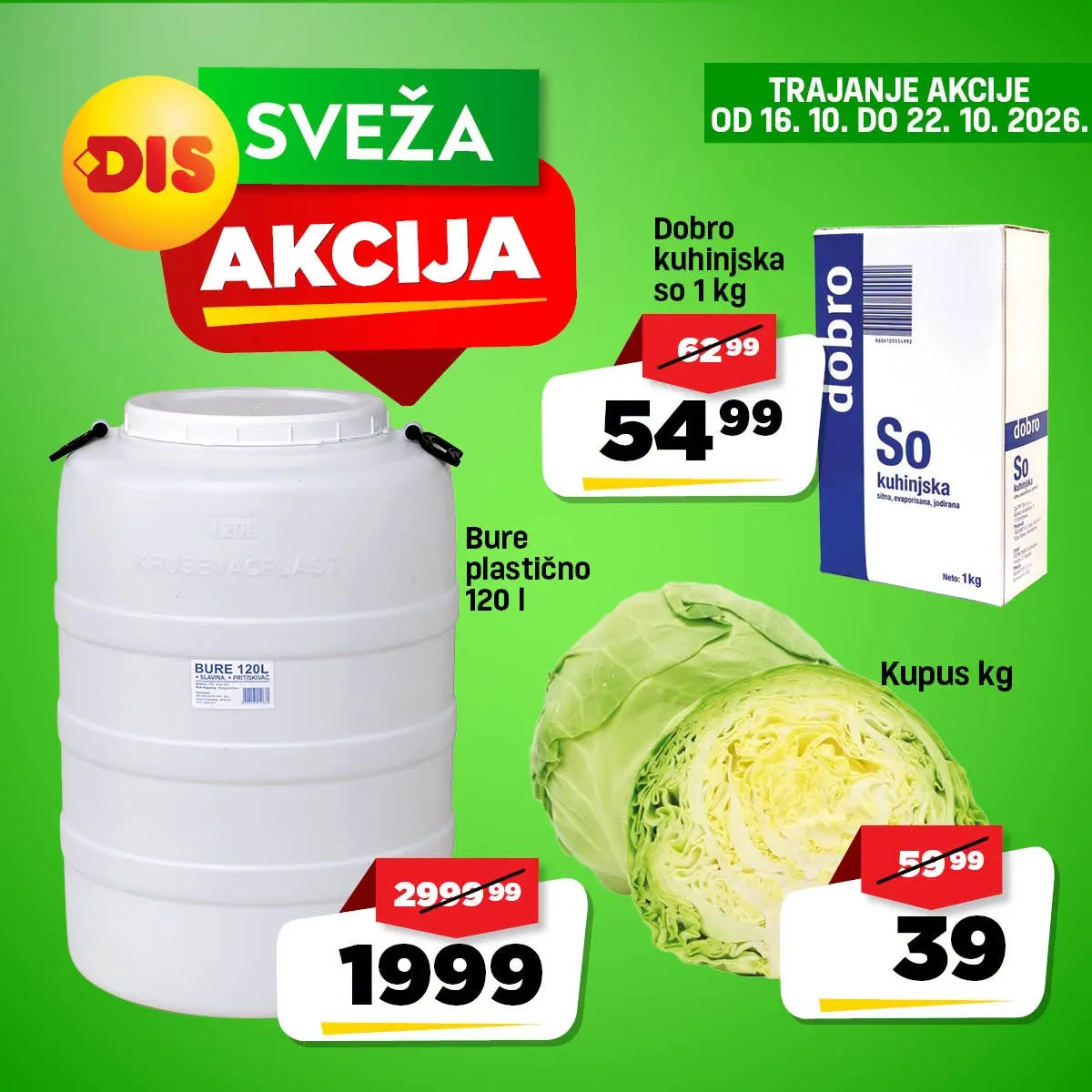 DIS sveža akcija 16–19.10.2026. – svinjski kare sa kostima 499 din/kg i svinjski but i plećka bez kosti 599 din/kg