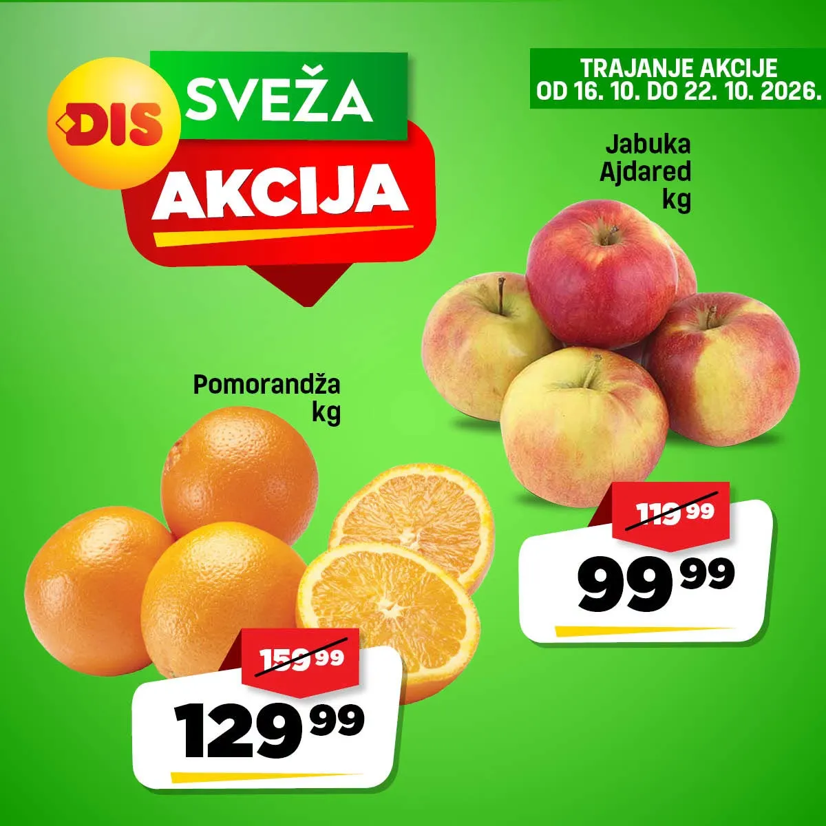 DIS sveža akcija 16–19.10.2026. – juneći but bez kosti 1.399,99 din/kg i svinjski vrat sa kostima 549 din/kg