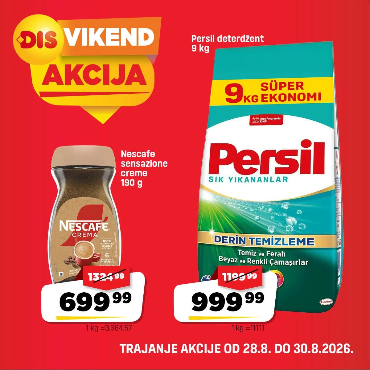 DIS vikend akcija od 28.08. do 30.08.2026. – Nescafé kafa i Persil deterdžent uz popuste do 47%