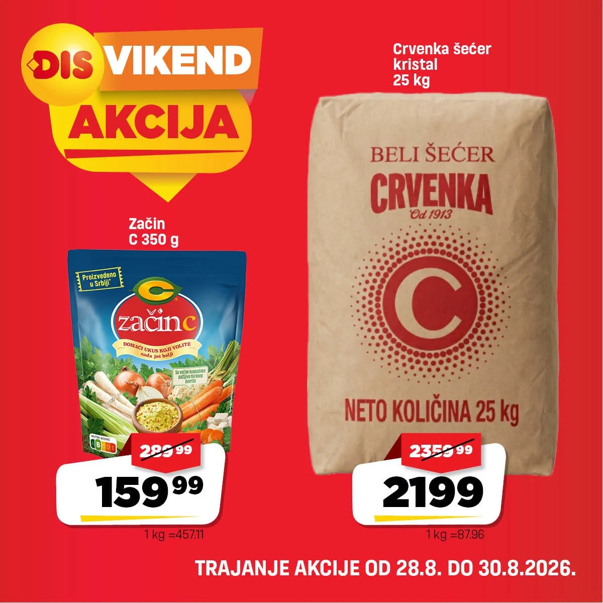 DIS vikend akcija do 30.08.2026. – Začin C i Crvenka kristal šećer