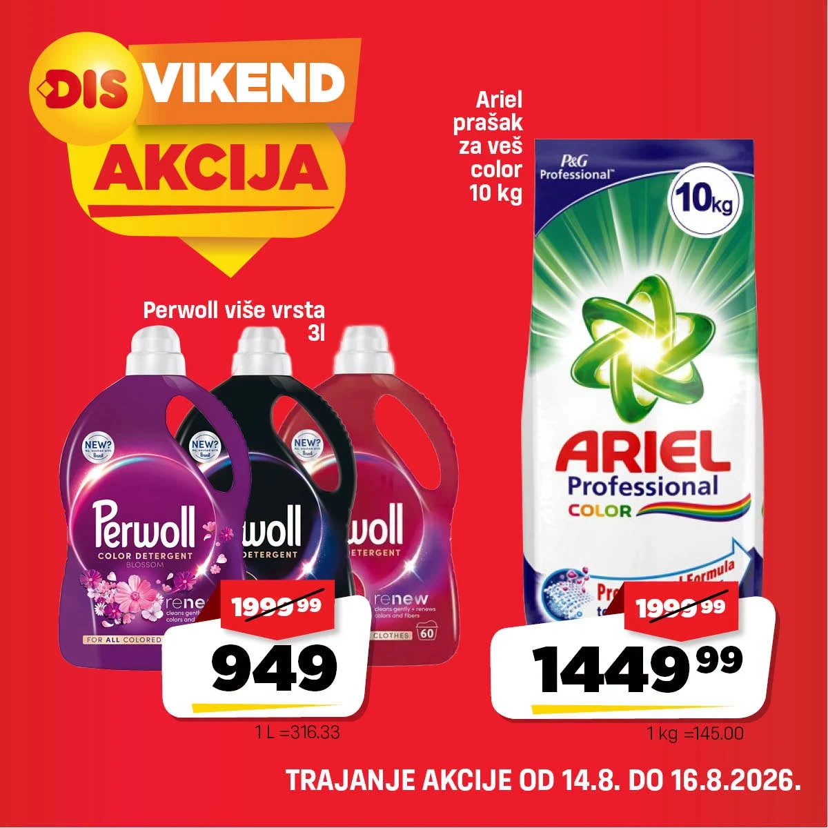 DIS vikend akcija do 16.08.2026. – Perwoll 3 l za 949 din i Ariel Professional Color 10 kg za 1.449,99 din