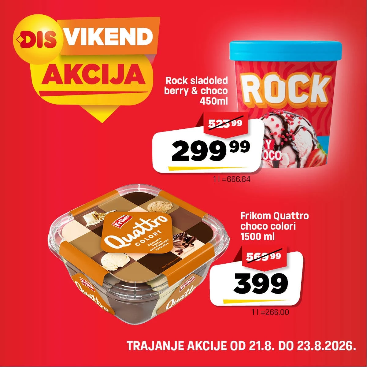 DIS vikend akcija – Rock sladoled 299,99 dinara i Frikom Quattro Choco Colori 399 dinara