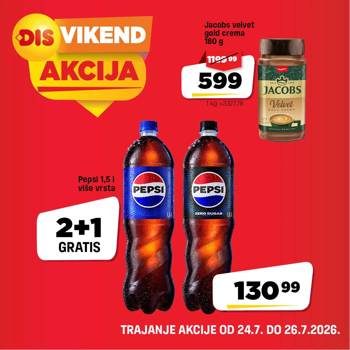DIS vikend akcija – Jacobs Velvet Gold Crema kafa i Pepsi 2+1 gratis