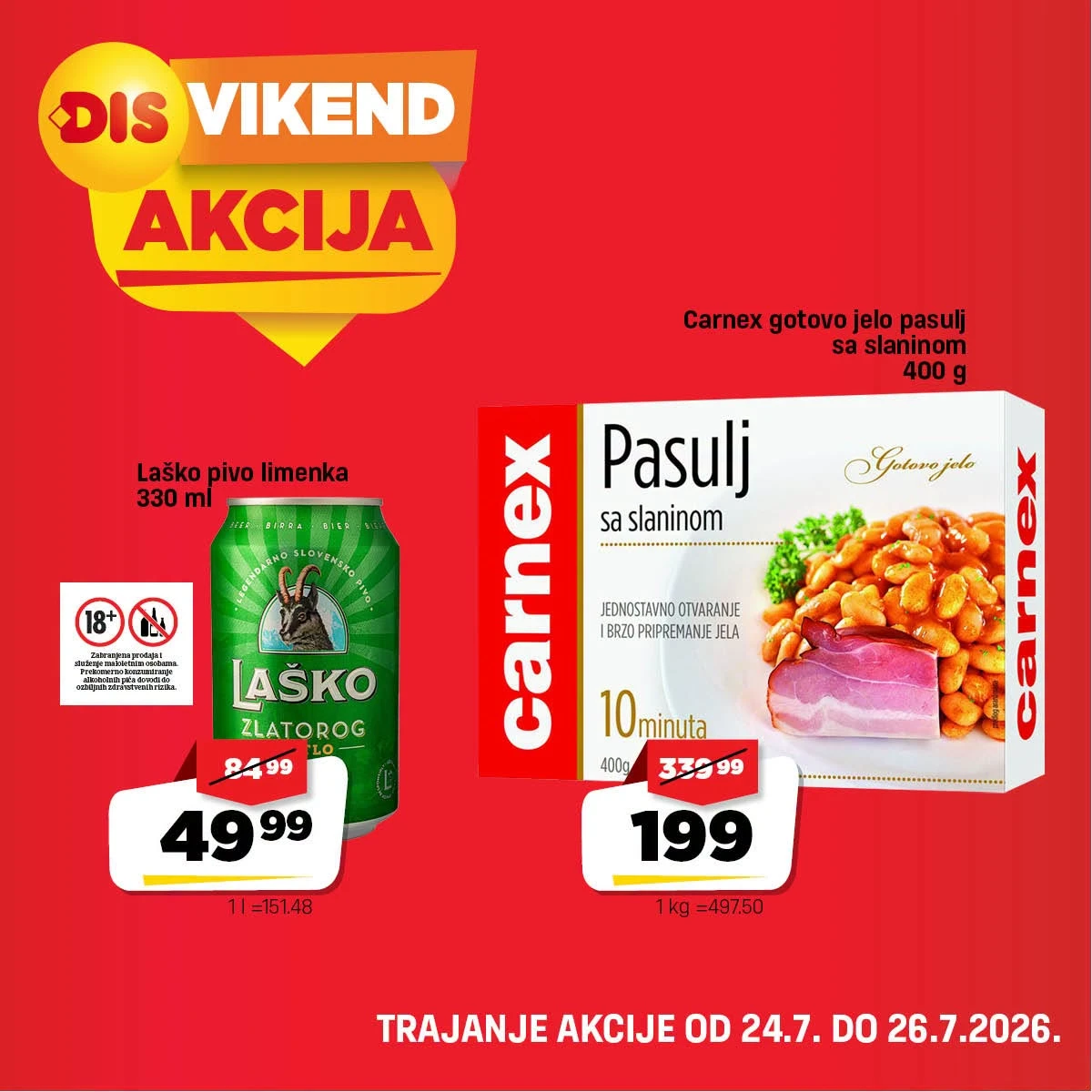 DIS vikend akcija – Carnex pasulj sa slaninom i Laško pivo