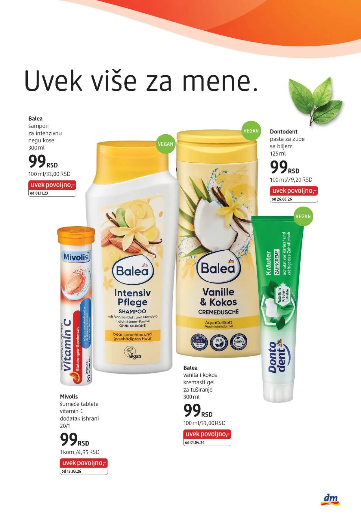 Balea šampon i gel za tuširanje, Dontodent pasta za zube i Mivolis vitamin C