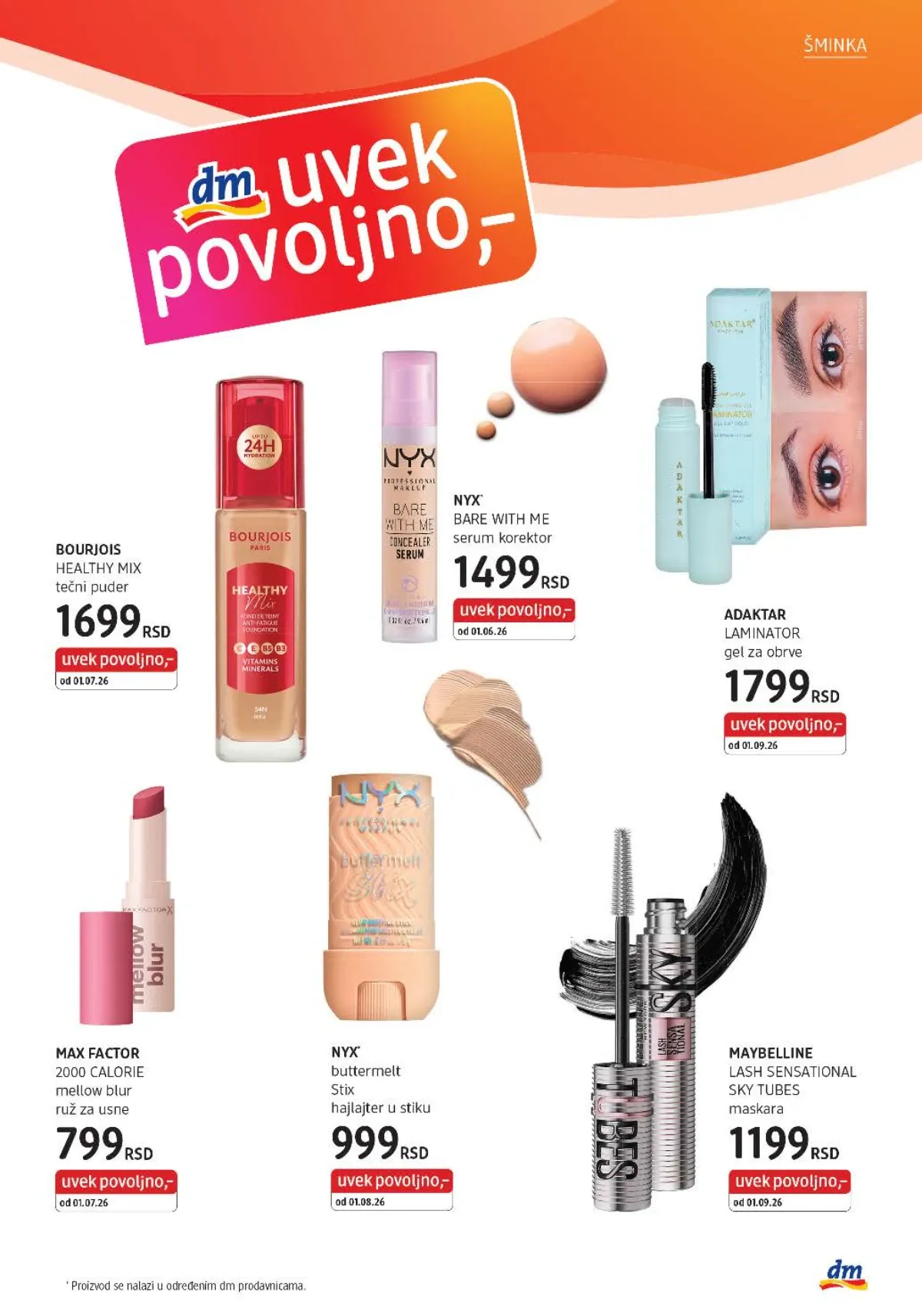 Bourjois puder, NYX korektor i hajlajter, Max Factor ruž i Maybelline maskara
