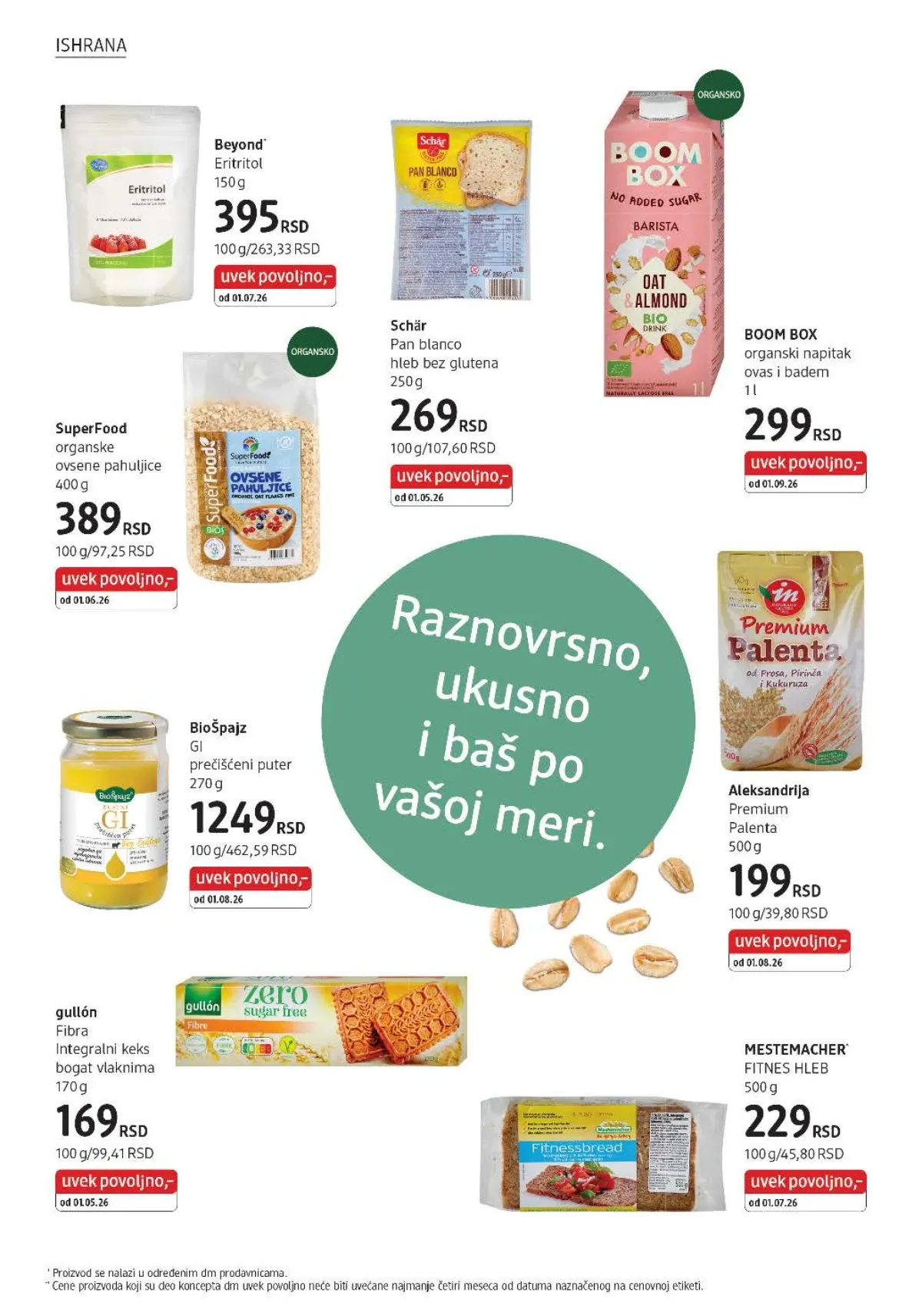 Eritritol, bezglutenski hleb, organski napitak, ghee, palenta i integralni keks