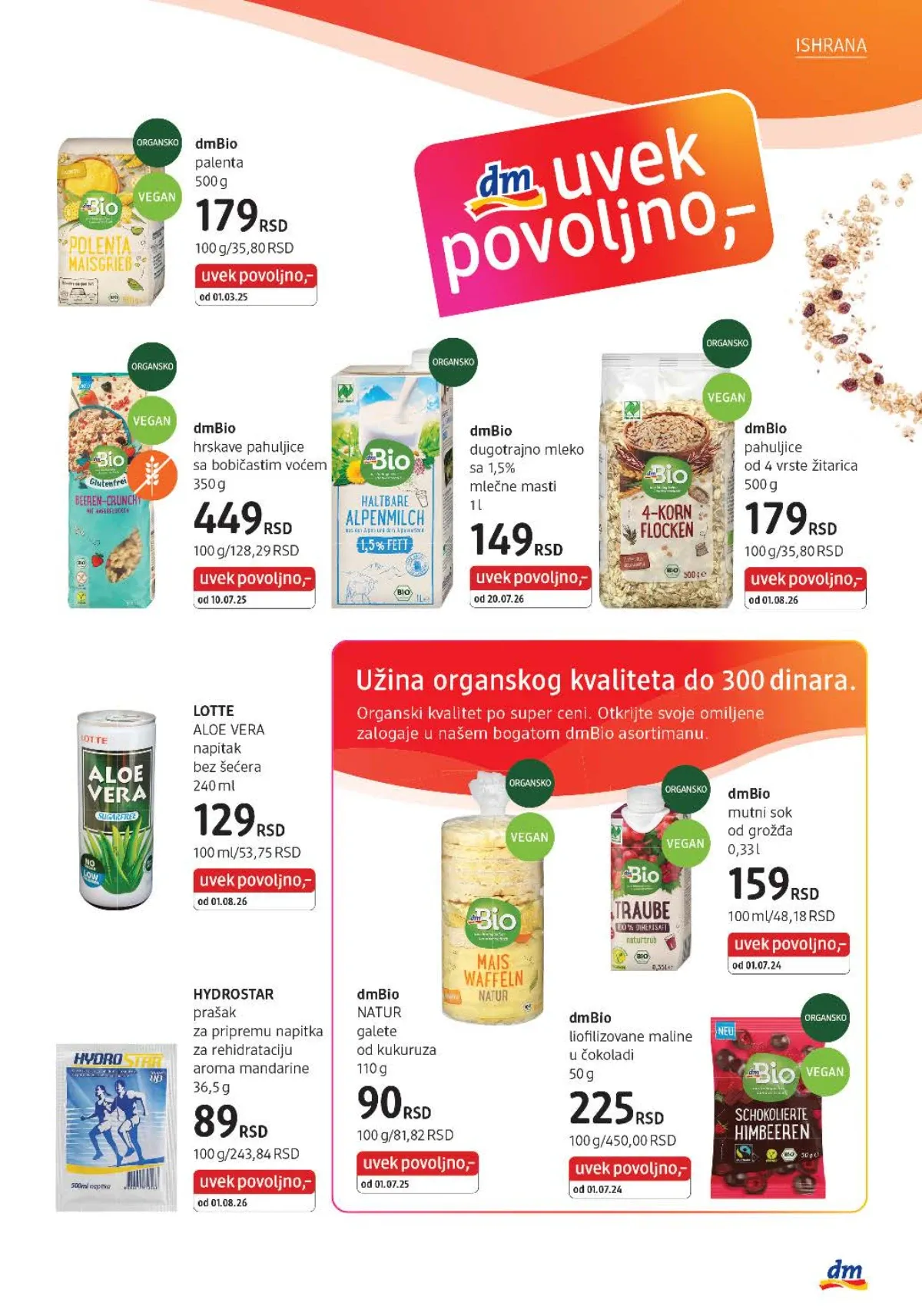 dmBio palenta, pahuljice, dugotrajno mleko, galete, sok i liofilizovane maline