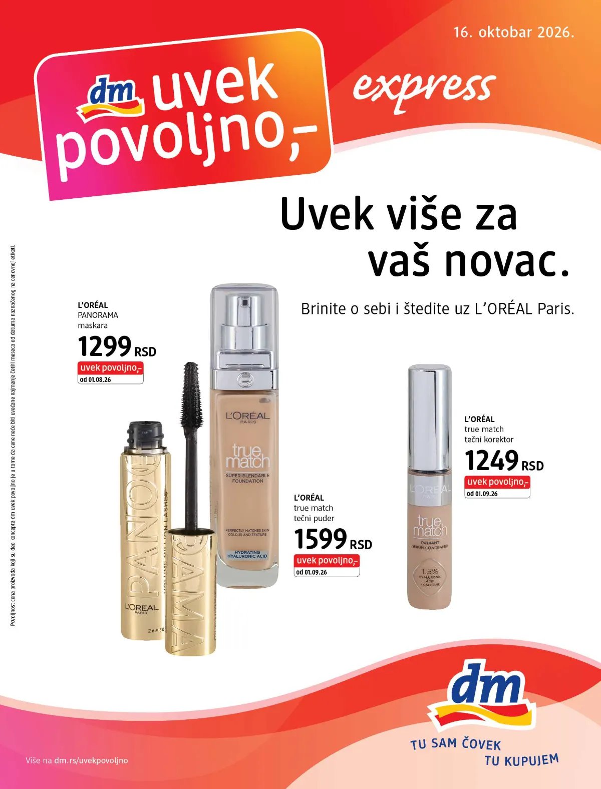 dm express katalog od 16.10.2026. – L'Oréal Panorama maskara 1.299 din, True Match puder 1.599 din i korektor 1.249 din