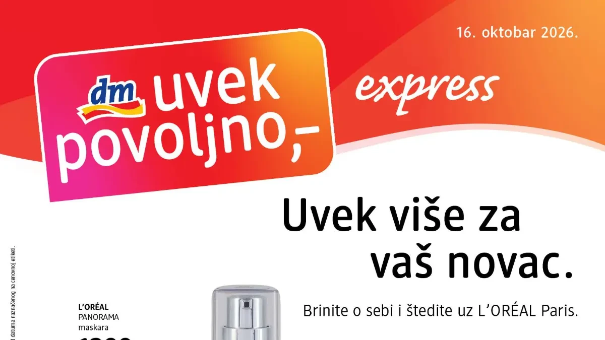 dm express katalog od 16. oktobra 2026. – L’Oréal Panorama maskara 1.299 din, True Match puder 1.599 din i korektor 1.249 din