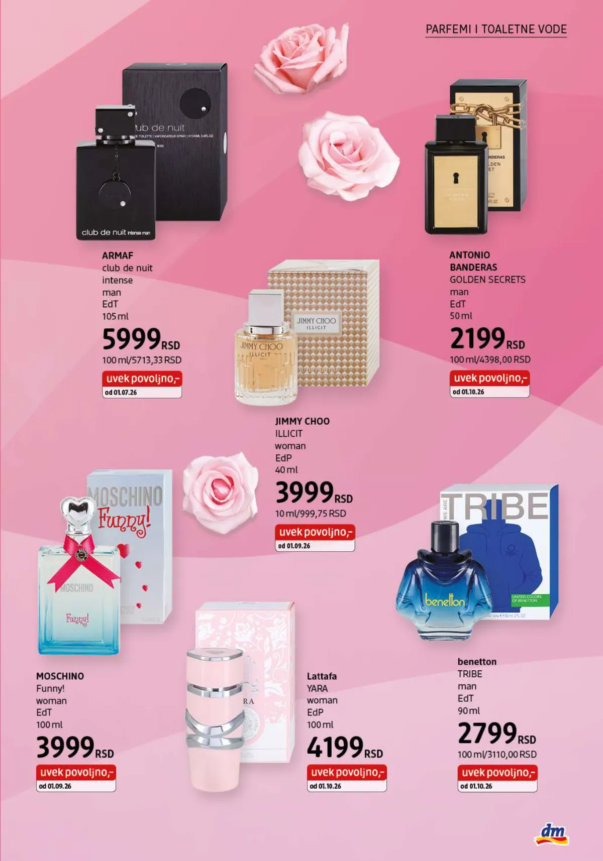 dm katalog oktobar 2026. – parfemi Armani, Jimmy Choo, Moschino i Benetton