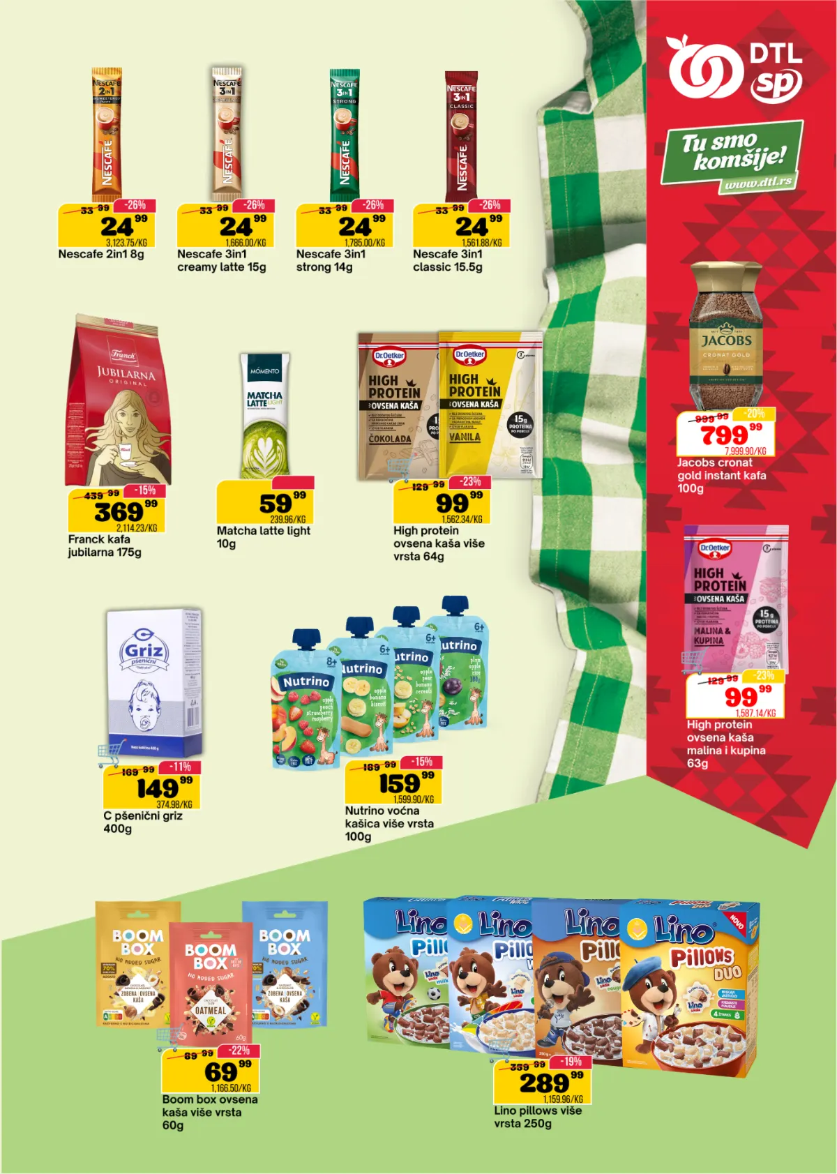 DTL SP Marketi katalog, stranica 5 – Nescafe kafa, Franck Jubilarna, ovsena kaša, Nutrino kašice, Boom Box i Lino Pillows žitarice na sniženju