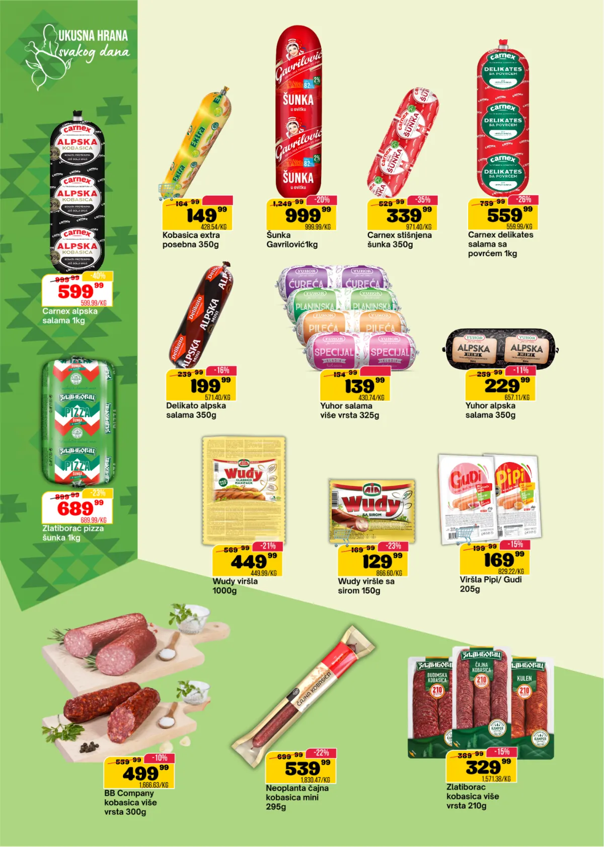 DTL SP Marketi katalog, stranica 6 – Zlatiborac kobasice, Gavrilović šunka, Carnex salame, Alpska kobasica i Wudy viršle na akciji