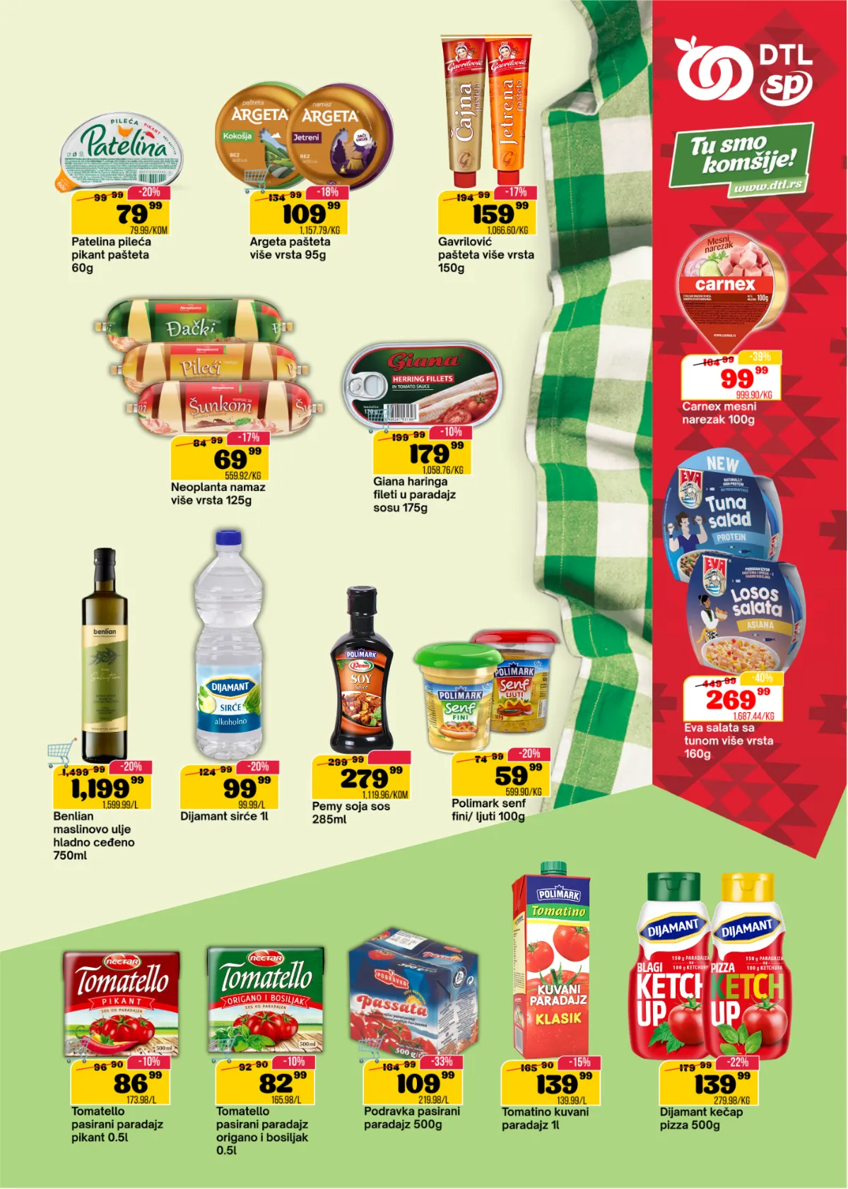 DTL SP Marketi katalog, stranica 7 – Argeta i Patelina paštete, Gavrilović proizvodi, maslinovo ulje, Tomatello paradajz i Dijamant kečap na akciji
