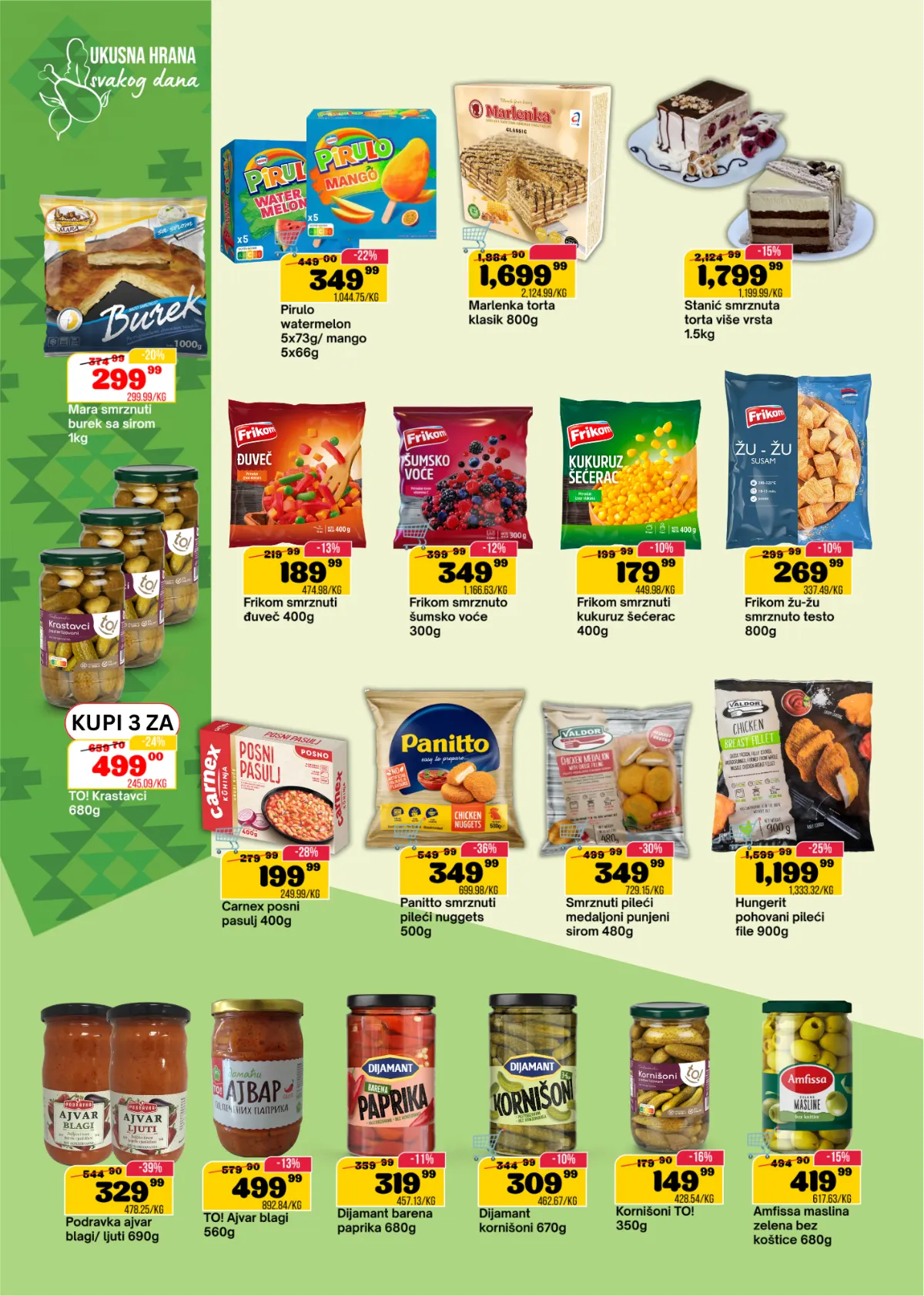 DTL SP Marketi katalog, stranica 8 – Frikom smrznuto povrće, Marlenka torta, Panitto proizvodi, pileći medaljoni, ajvar i masline na sniženju