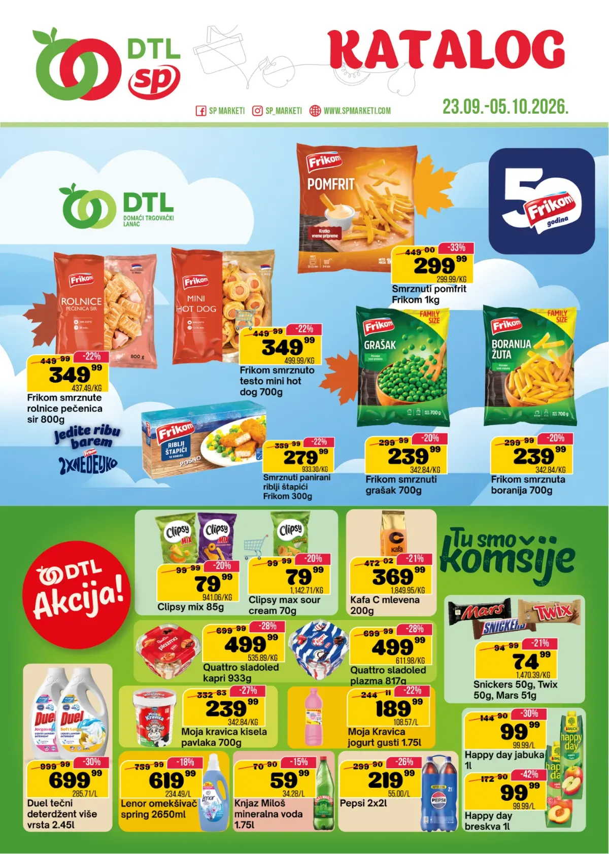 DTL SP Marketi katalog od 23.09. do 05.10.2026. – Frikom proizvodi, hrana, piće i kućna hemija na akciji