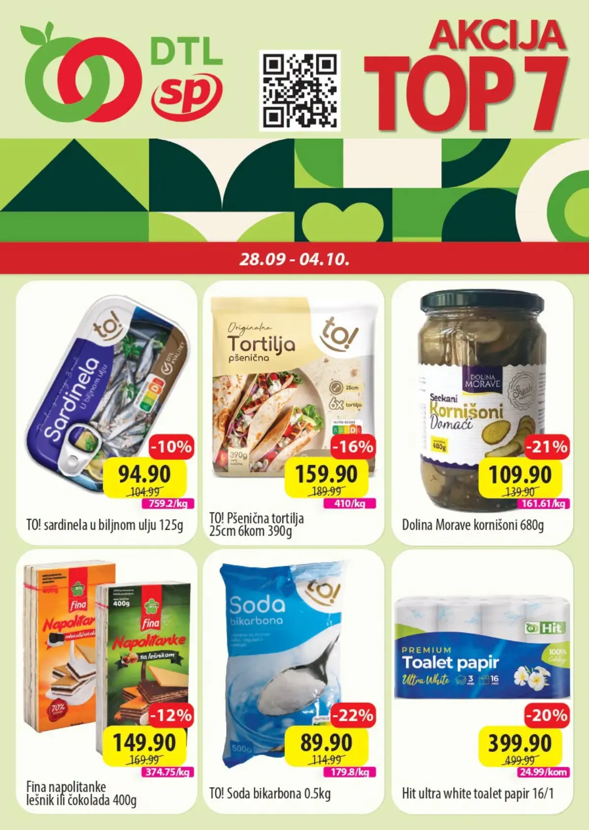 DTL SP Marketi TOP 7 akcija od 28.09. do 04.10.2026. – sardine, tortilje, kornišoni, napolitanke, soda bikarbona i toalet papir po sniženim cenama