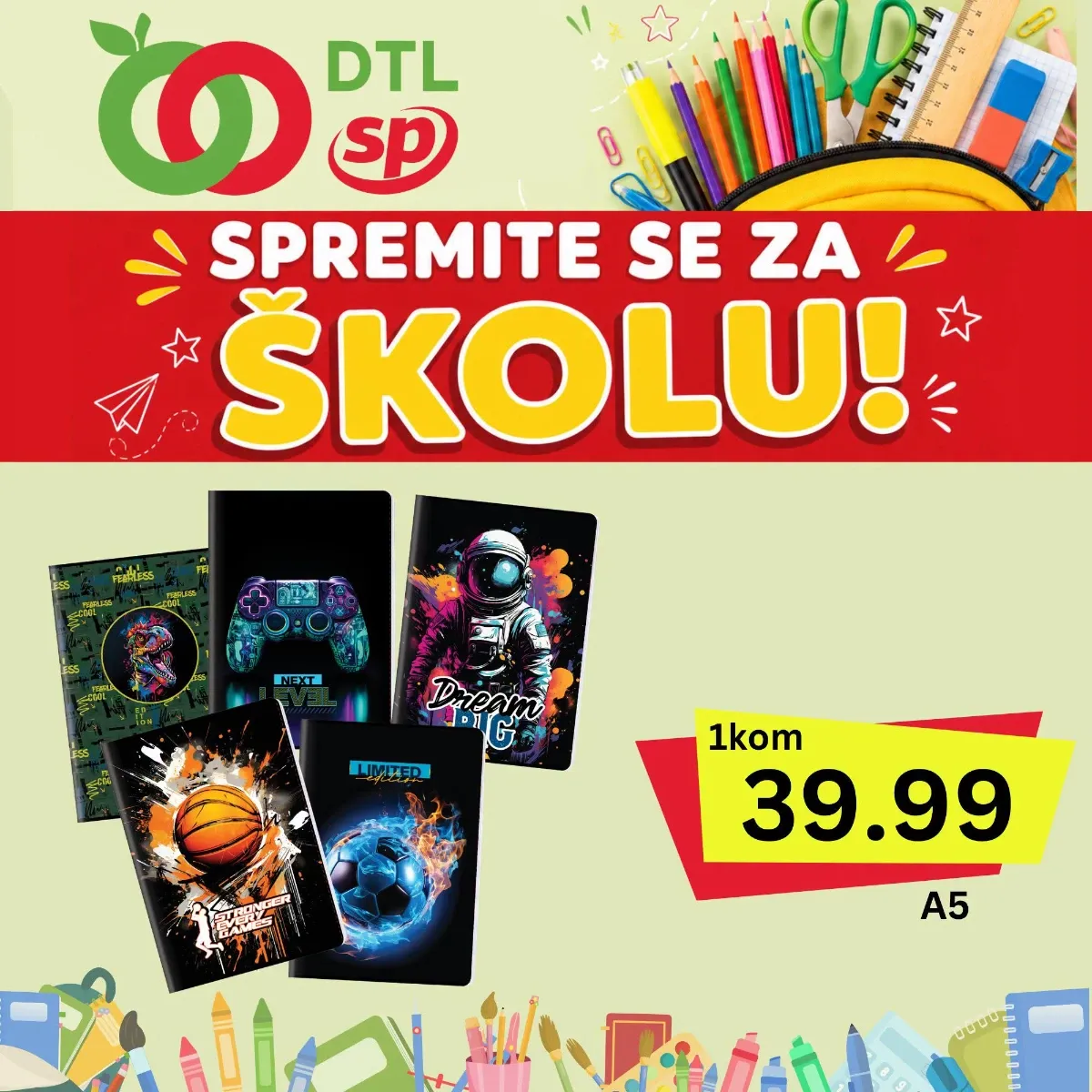 DTL SP Marketi školska ponuda – A5 sveske različitih dezena za 39,99 dinara