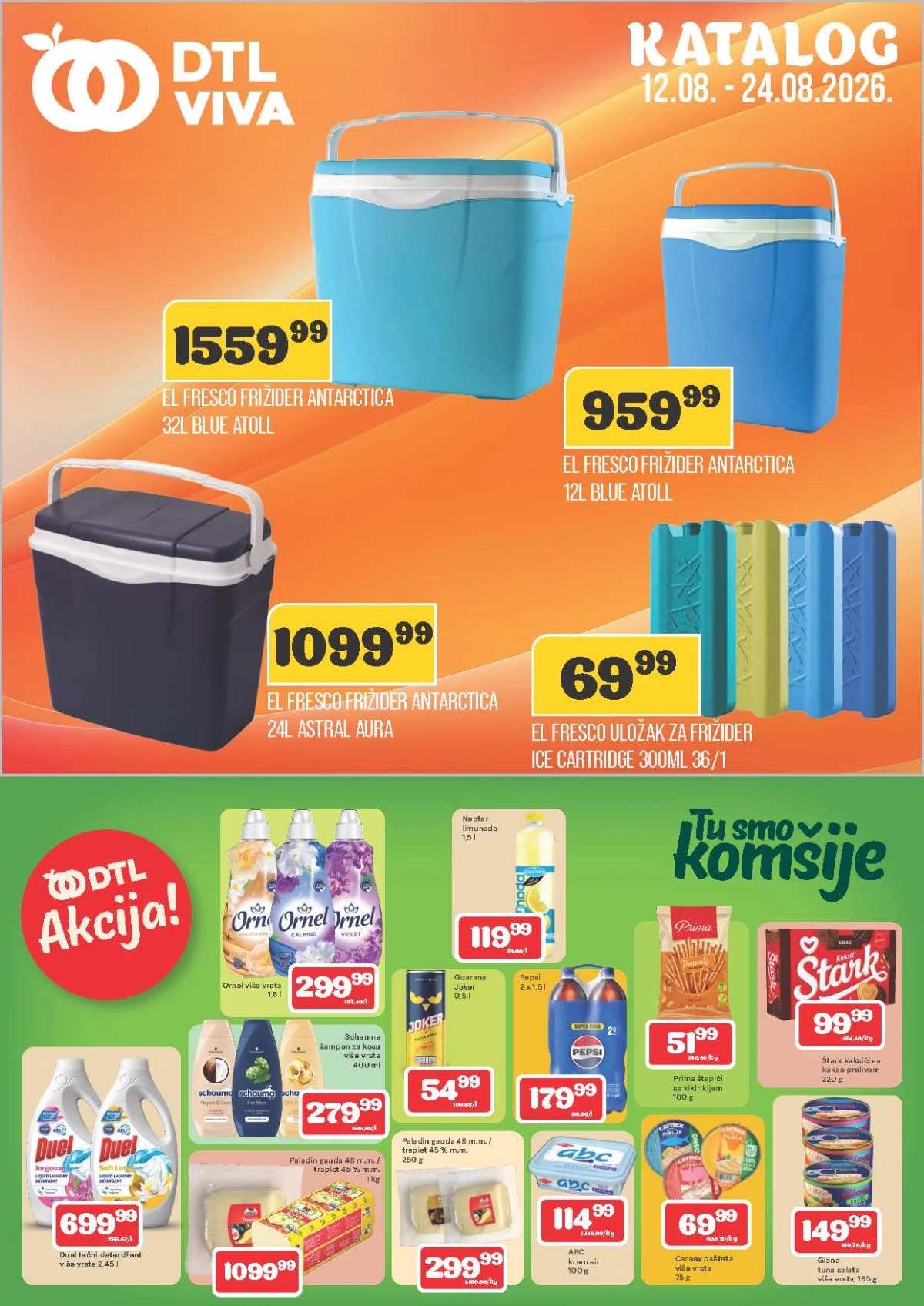 DTL Viva katalog od 12.08. do 24.08.2026. donosi akcijske cene prehrane, pića, mlečnih proizvoda, kućne hemije i proizvoda za domaćinstvo