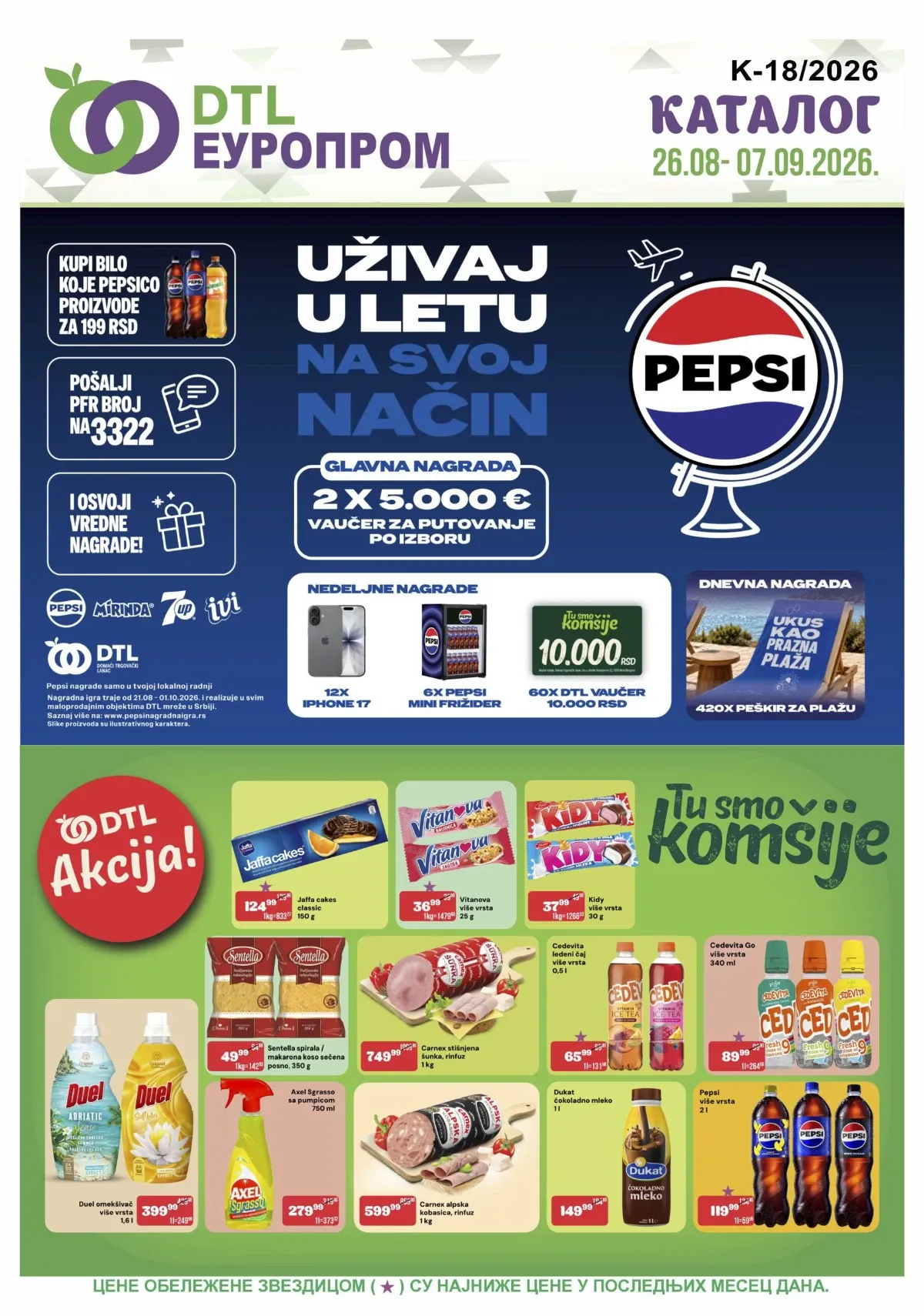 DTL Europrom katalog od 26.08. do 07.09.2026. sa akcijama na prehranu, piće, kućnu hemiju i Pepsi nagradnom igrom