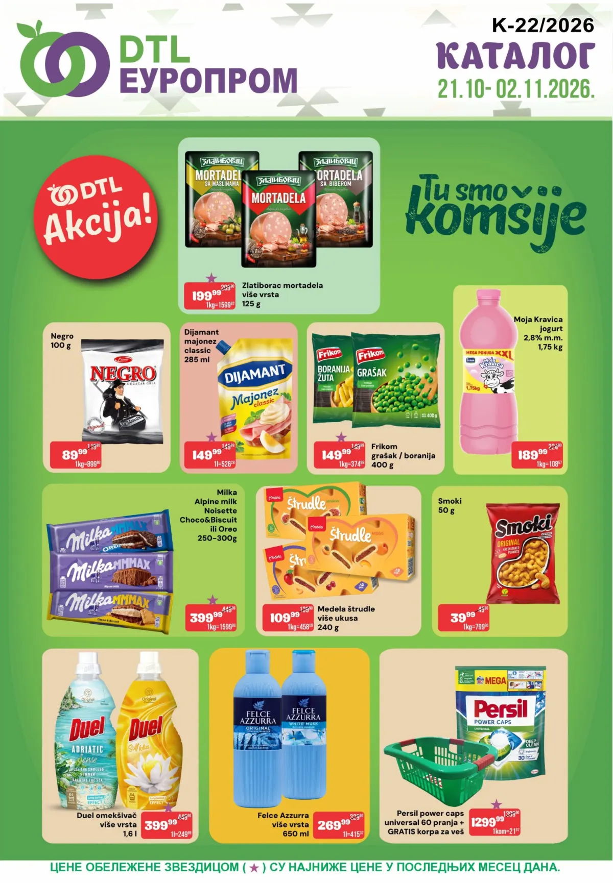 DTL Europrom katalog od 21.10. do 02.11.2026. – naslovna strana sa akcijskim cenama Zlatiborac mortadele, Milka čokolada, Frikom povrća, Duel omekšivača i Persil kapsula