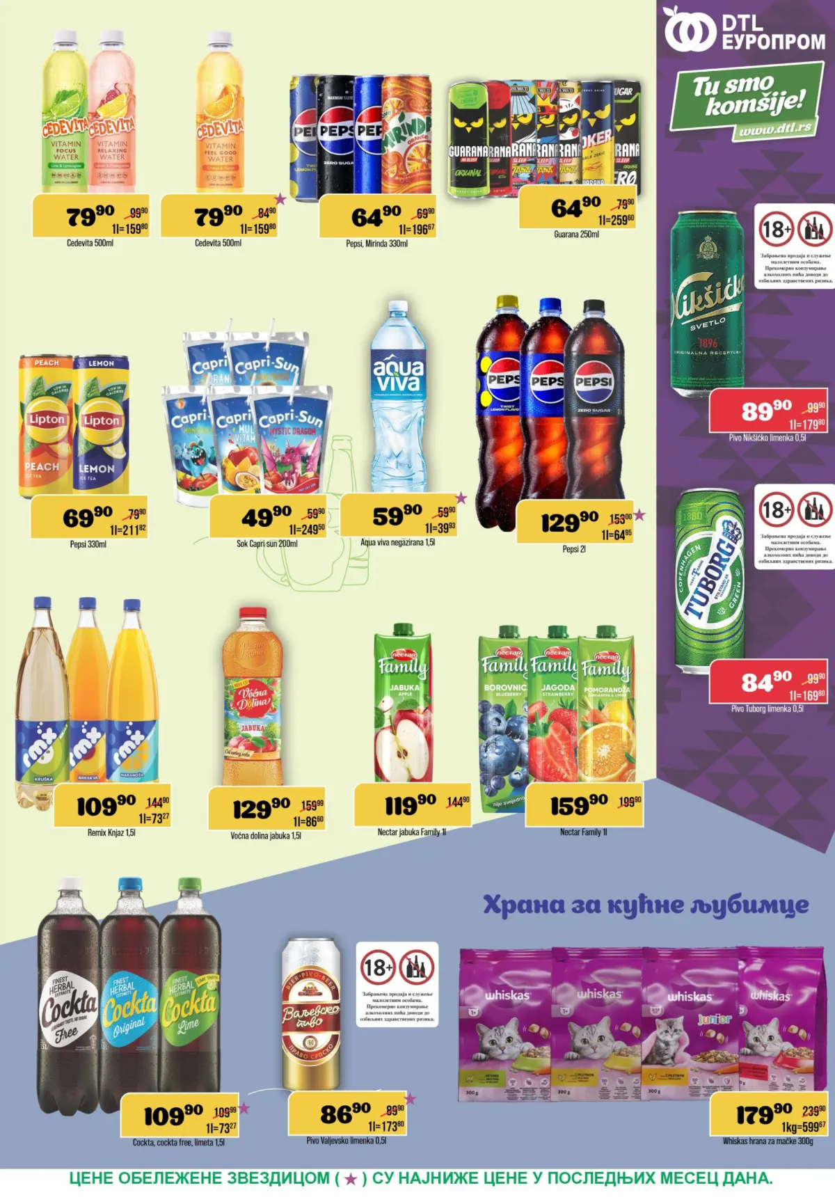 DTL Europrom katalog 21.10–02.11.2026. – strana 9, Pepsi, Cedevita, Capri-Sun, Aqua Viva, voćni sokovi i hrana za kućne ljubimce