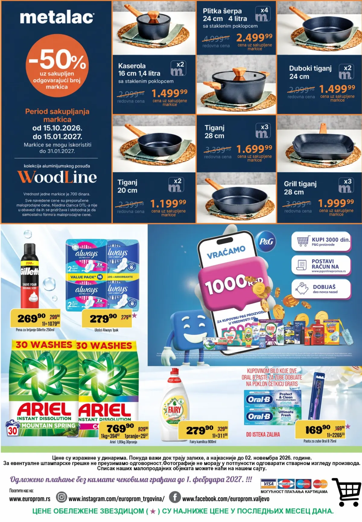 DTL Europrom katalog 21.10–02.11.2026. – strana 12, Metalac WoodLine posuđe uz markice, Ariel deterdžent, Fairy i Oral-B akcijska ponuda