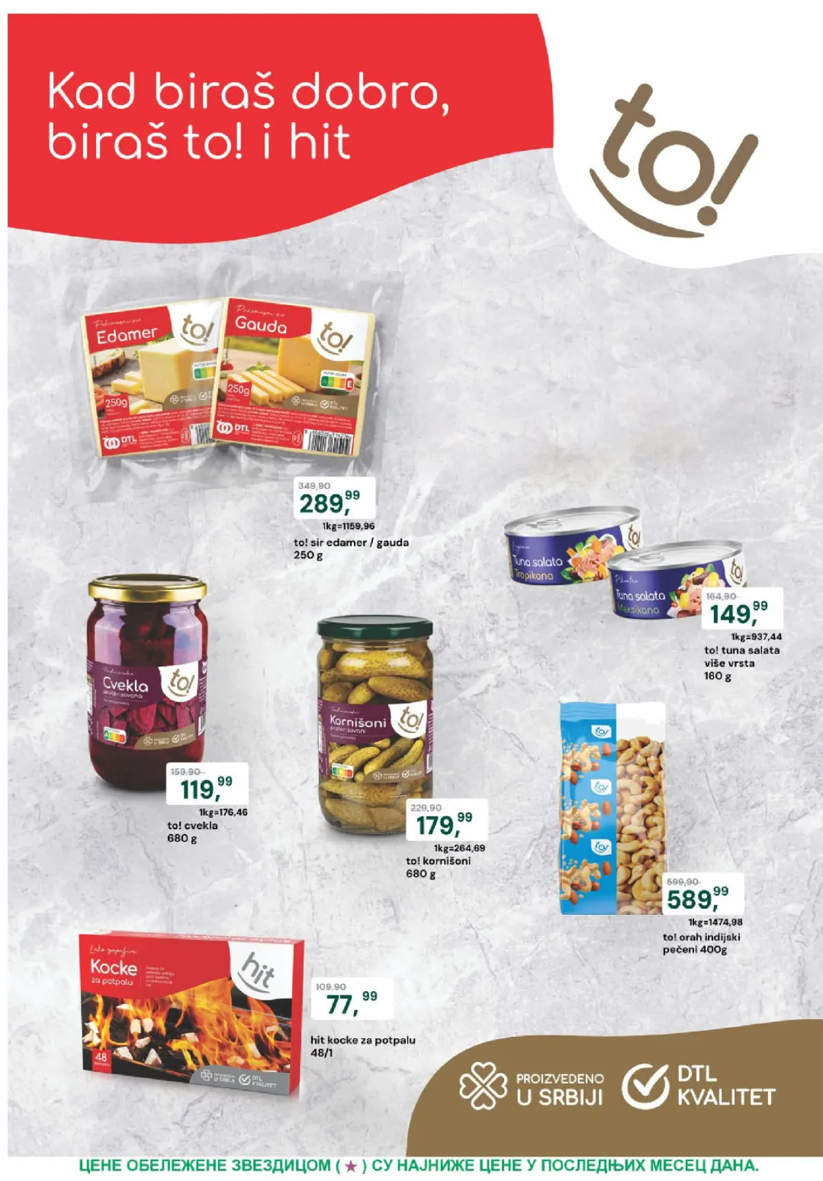 Europrom katalog, strana 2 – to! edamer i gauda, tuna salata, cvekla, kornišoni, indijski orah i hit kocke za potpalu