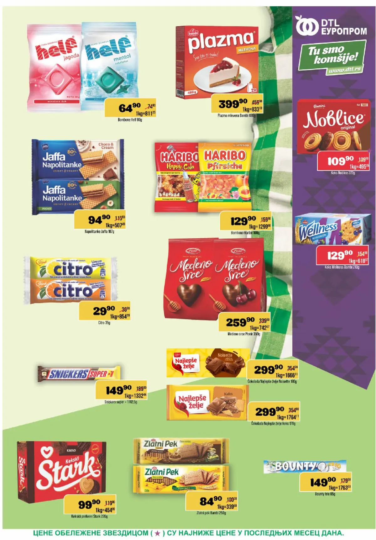 Europrom katalog, strana 7 – mlevena Plazma, Jaffa napolitanke, Haribo bombone, Medeno srce, Najlepše želje i drugi slatkiši