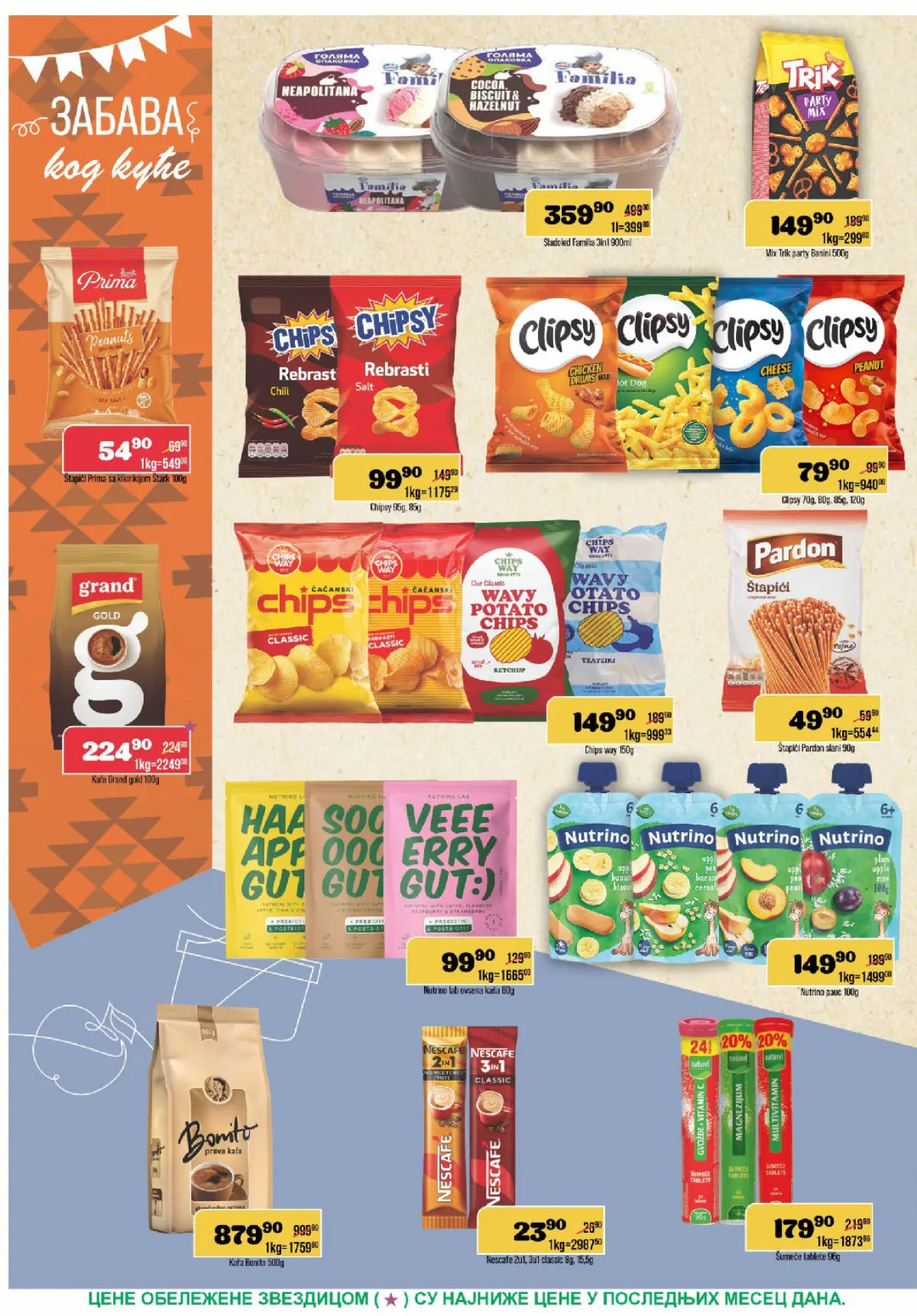 Europrom katalog, strana 8 – Familia sladoled, Chipsy, Clipsy, štapići, Grand i Bonito kafa, Nescafé i Nutrino proizvodi