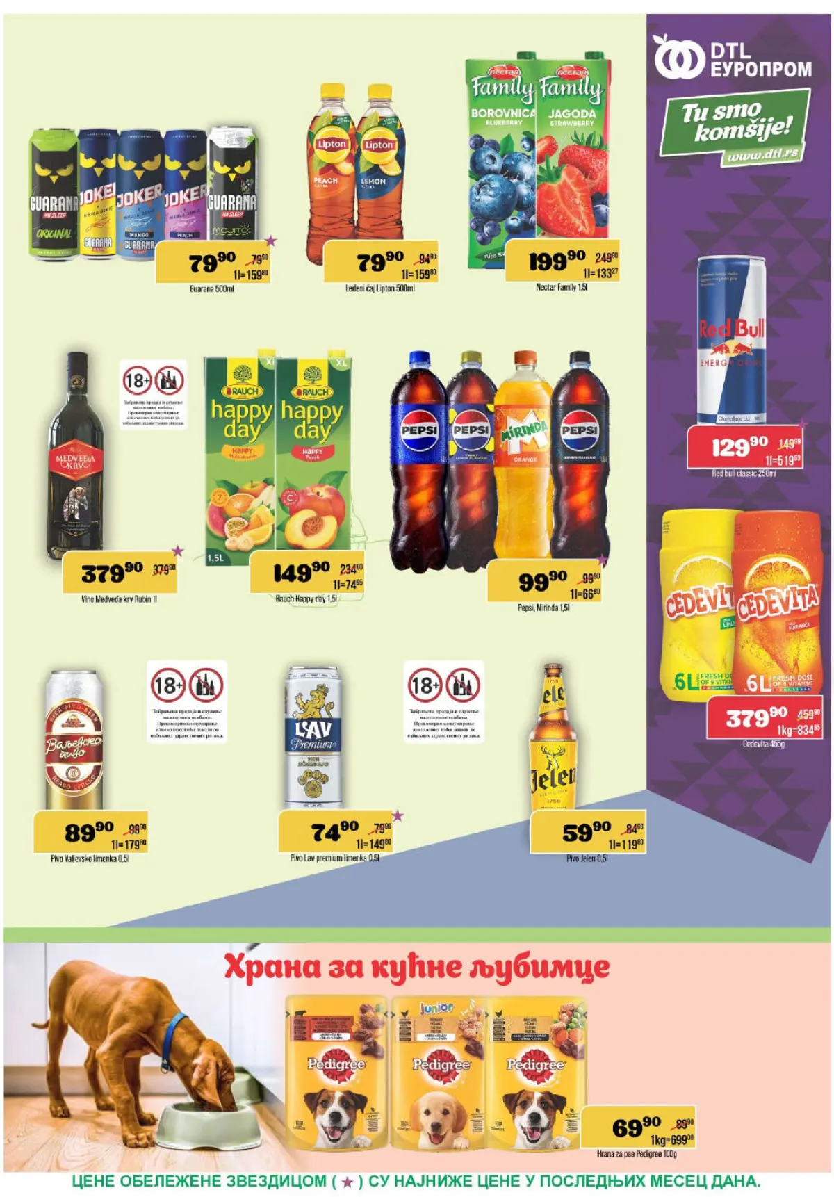 Europrom katalog, strana 9 – Lipton ledeni čaj, Nectar i Rauch sokovi, Pepsi, Mirinda, energetska pića, pivo i Pedigree hrana za pse