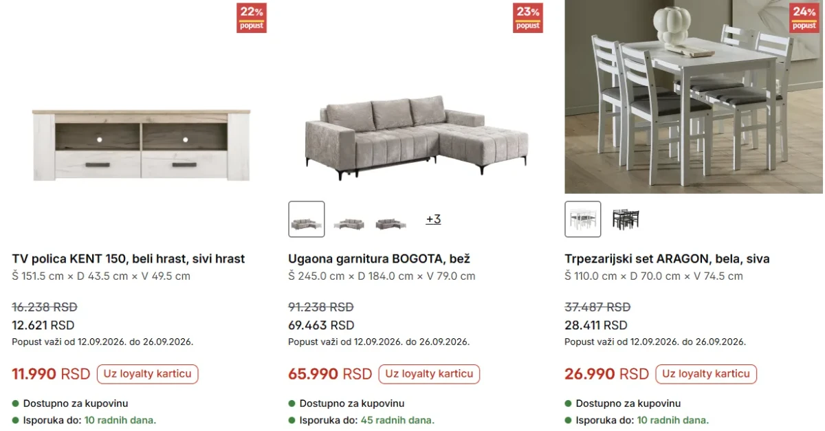 Forma Ideale akcija – TV polica KENT, ugaona garnitura BOGOTA i trpezarijski set ARAGON