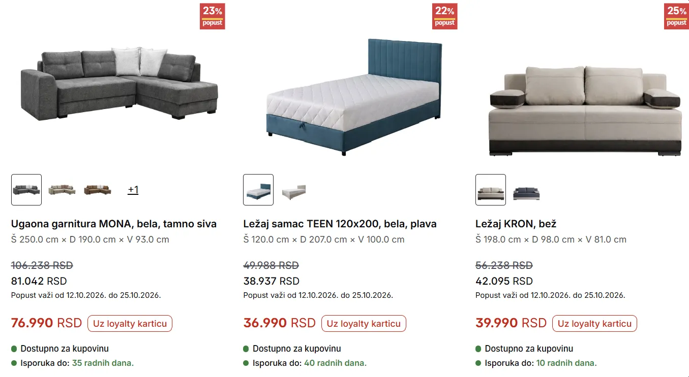 Forma Ideale – ugaona garnitura MONA, ležaj samac TEEN 120 × 200 i ležaj KRON po akcijskim cenama