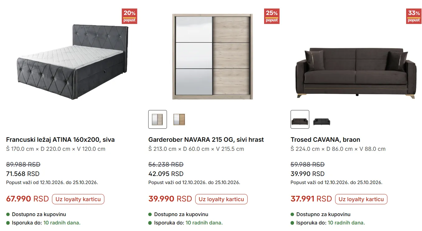 Forma Ideale – francuski ležaj ATINA 160 × 200, garderober NAVARA 215 OG i trosed CAVANA na akciji