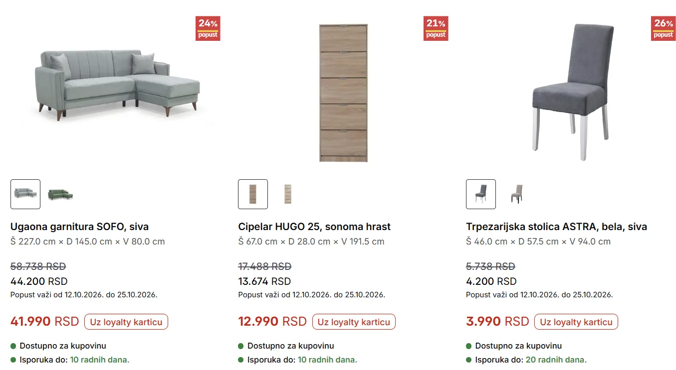 Forma Ideale – ugaona garnitura SOFO, cipelar HUGO 25 i trpezarijska stolica ASTRA po akcijskim cenama