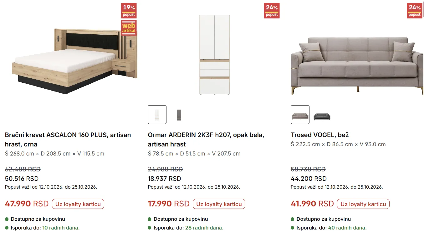 Forma Ideale – bračni krevet ASCALON 160 PLUS označen kao web artikal, ormar ARDERIN 2K3F h207 i trosed VOGEL