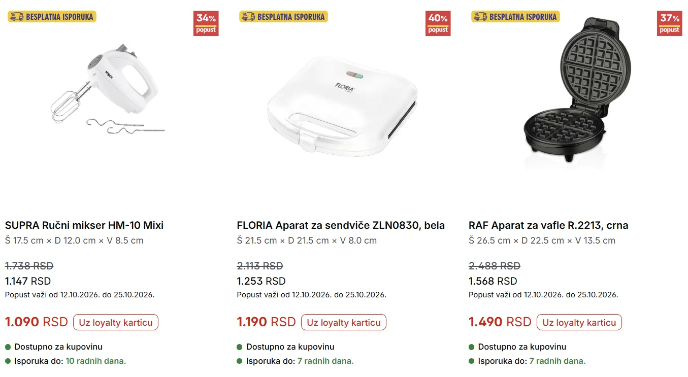 Forma Ideale – SUPRA ručni mikser HM-10 Mixi, FLORIA aparat za sendviče ZLN0830 i RAF aparat za vafle R.2213 uz oznaku besplatne isporuke