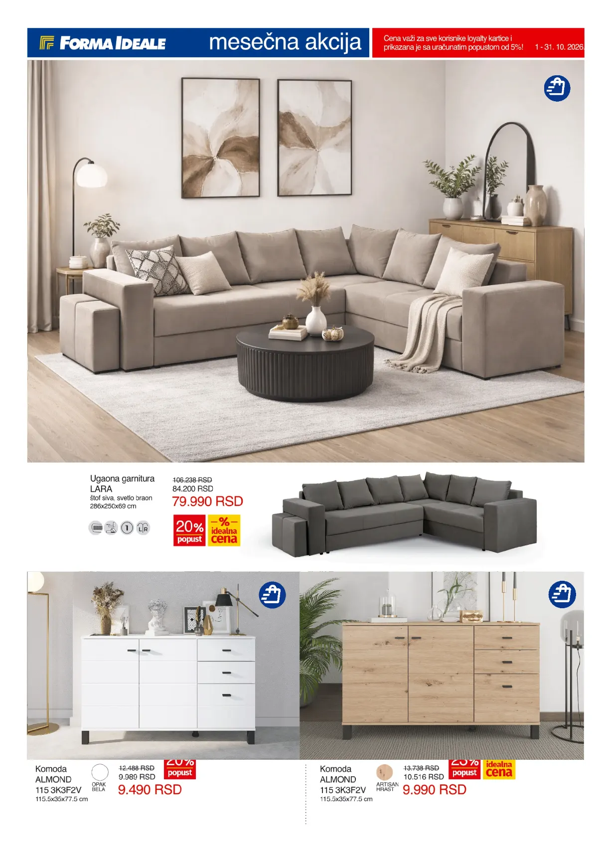Forma Ideale mesečna akcija – ugaona garnitura LARA i komode ALMOND