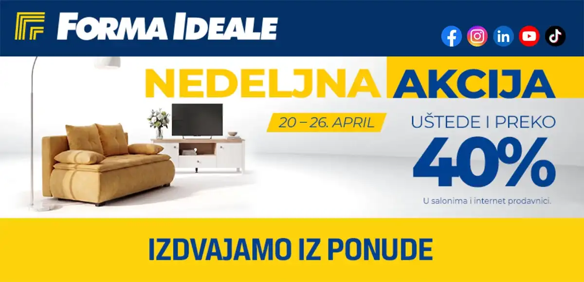 Forma Ideale nedeljna akcija nameštaja – sniženja i preko 40% do 26. aprila 2026