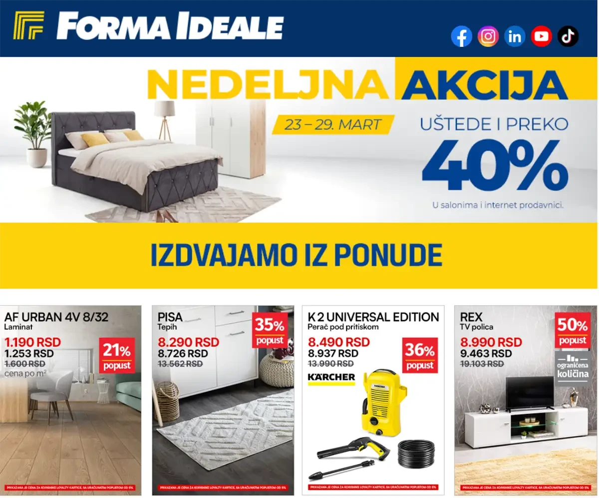 Forma Ideale nedeljna akcija nameštaja – sniženja i preko 40% do 29. marta 2026