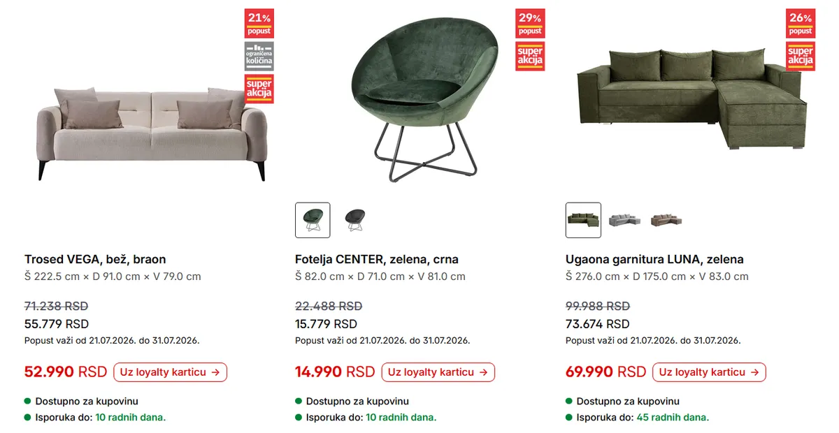 Forma Ideale akcija na ugaone garniture, trosede i fotelje do 31.07.2026.