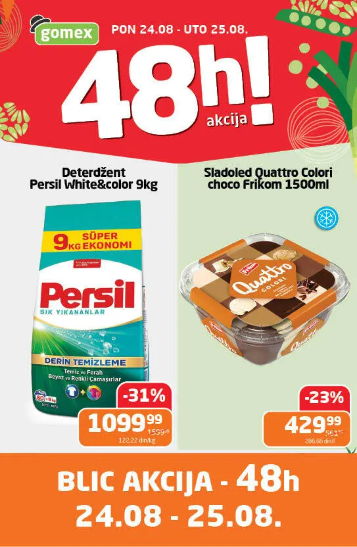 Gomex BLIC 48h akcija 24. i 25.08.2026. – Persil deterdžent 9 kg za 1.099,99 RSD i Frikom Quattro Colori sladoled 1500 ml za 429,99 RSD