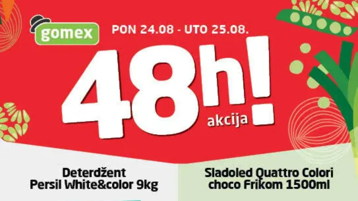Gomex BLIC 48h akcija 24. i 25.08.2026. – Persil deterdžent 9 kg uz 31% popusta i Frikom Quattro Colori sladoled 1500 ml uz 23% popusta