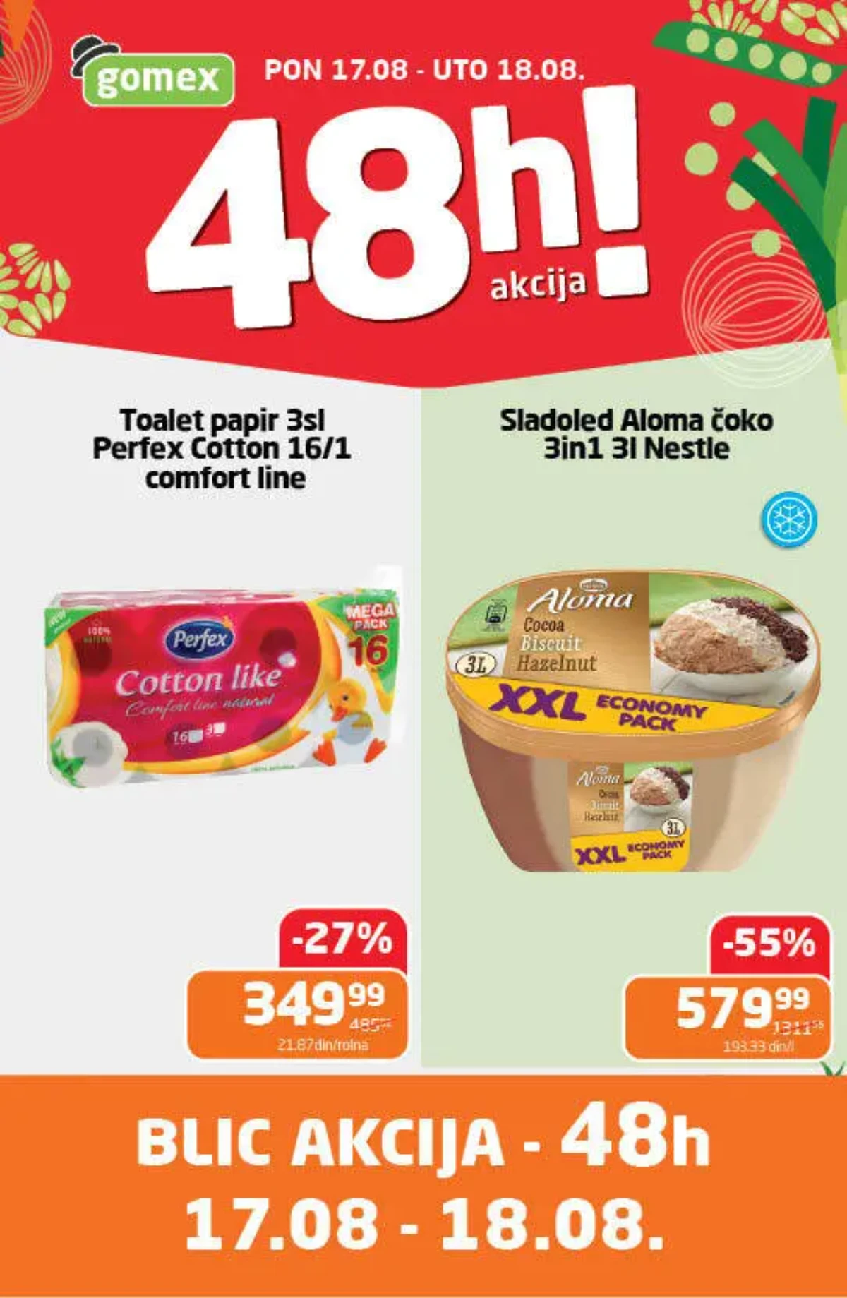Gomex BLIC 48h akcija 17. i 18.08.2026. – Perfex Cotton toalet papir i Nestlé Aloma sladoled uz popuste do 55%