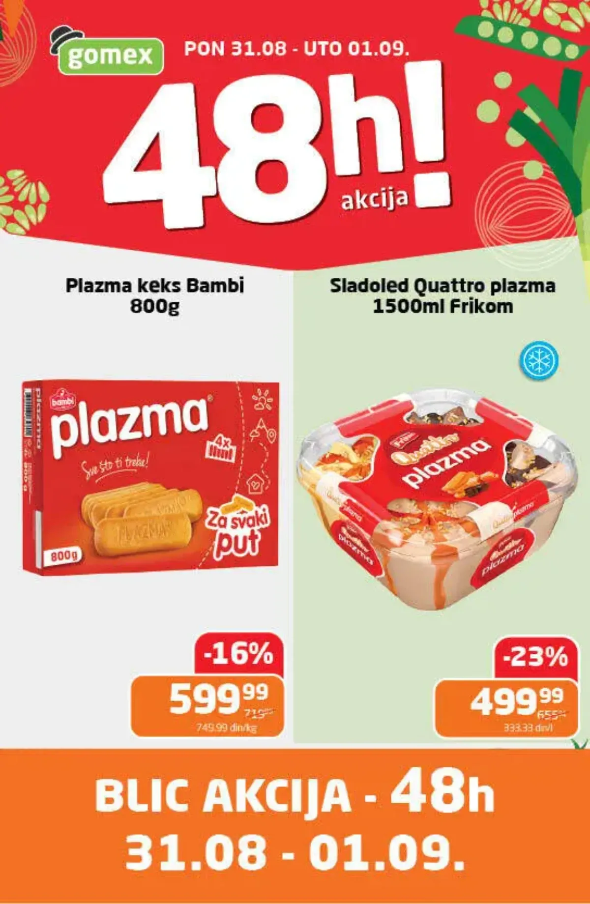Gomex BLIC akcija 31. avgusta i 1. septembra 2026. – Plazma keks i Quattro Plazma sladoled uz popuste do 23%