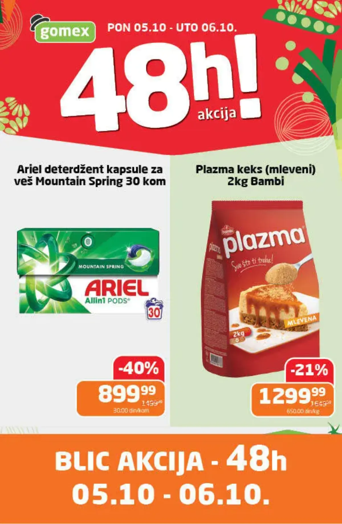 GOMEX BLIC 48h akcija 05. i 06.10.2026. – Ariel Mountain Spring kapsule 30 komada za 899,99 RSD i Bambi Plazma mleveni keks 2 kg za 1.299,99 RSD
