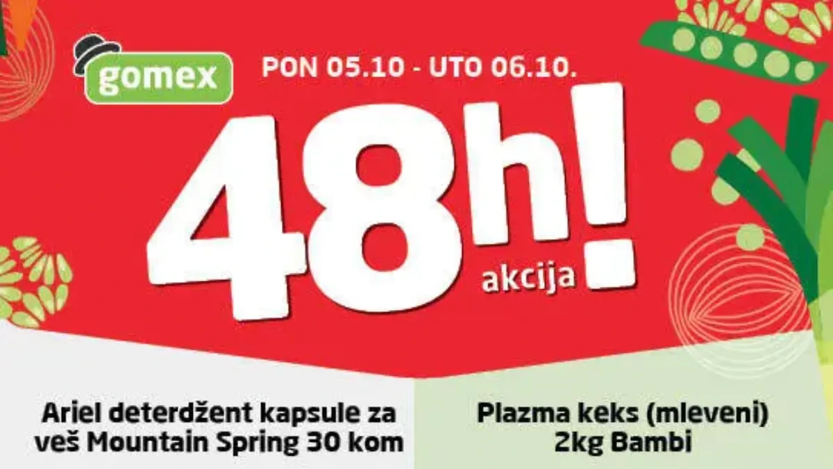 GOMEX BLIC 48h akcija 05. i 06.10.2026. – Ariel Mountain Spring kapsule 30 komada za 899,99 RSD i Bambi Plazma mleveni keks 2 kg za 1.299,99 RSD