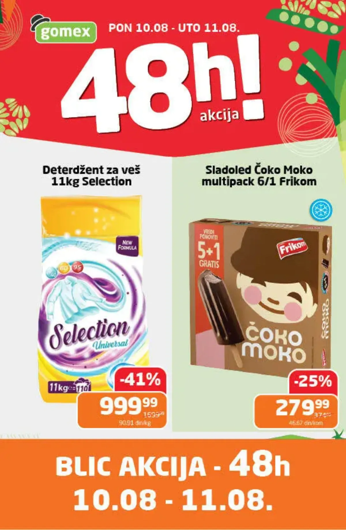 Gomex BLIC 48h akcija 10. i 11.08.2026. – Selection deterdžent za veš 11 kg i Frikom Čoko Moko multipack 6/1 po sniženim cenama